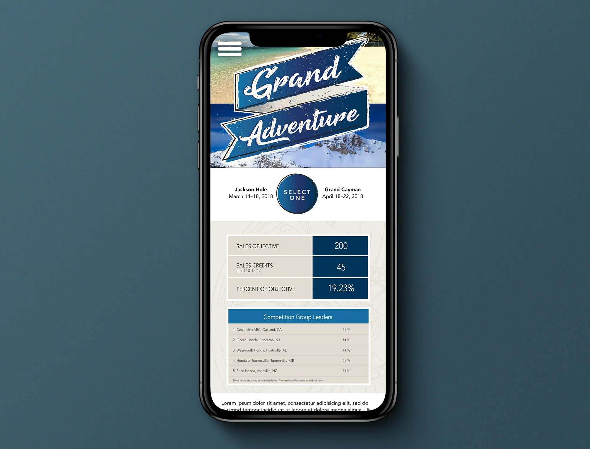Grand Adventure mobile site shown on a smartphone